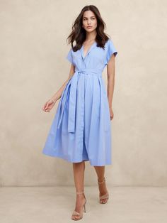 Poplin Tie-Waist Midi Dress | Banana Republic Factory Formal Short Sleeve Cotton Midi Dress, Classic V-neck Shirt Dress For Work, Short Sleeve Shirt Dress With Buttons For Work, Fitted Short Sleeve Midi Dress With Placket, Fitted Midi Dress With Placket And Short Sleeves, Casual V-neck Midi Dress For Semi-formal Occasion, V-neck Box Pleat Workwear Dress, Short Sleeve Shirt Dress For Office, Relaxed Fit Short Sleeve Dress For Spring Daywear