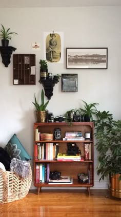 a living room filled with lots of plants and bookshelves on top of a hard wood floor