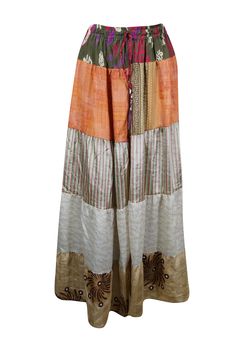 Embrace the seasons with this beautifully flared maxi skirt, handcrafted from recycled saree fabric in rich Beige, Orange, and floral prints. Featuring a comfortable drawstring waist and a graceful ankle-length silhouette, this boho-chic piece is perfect for everything from casual market strolls to vibrant beachside festivals. Designed to let your adventurous spirit shine, the skirt is available in one versatile size (S/M/L), offering a perfect blend of bold style and sustainability. Its captiva Traditional Multicolor Maxi Skirt, Traditional Festive Maxi Skirt, Festive Traditional Maxi Skirt, Bohemian Flowy Skirt Bottoms For Festive Season, Bohemian Maxi Skirt For Summer Festivals, Bohemian Maxi Skirt For Festive Occasions, Traditional Flowy Maxi Skirt For Festive Season, Traditional Maxi Skirt For Festive Occasions, Traditional Festive Maxi Skirt For Festivals