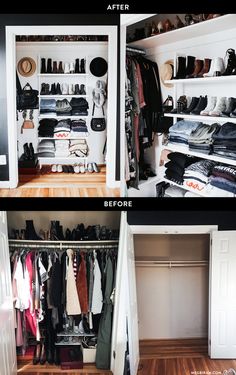 before and after photos of a closet with clothes hanging on the shelves, then inside