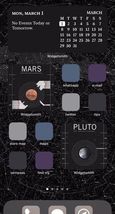 an iphone screen showing the calendar for mars, and other things to see on it