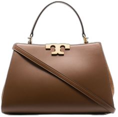 High-end Brown Satchel With Gold-tone Hardware, High-end Brown Satchel With Branded Hardware, High-end Tan Top Handle Satchel, Luxury Brown Satchel With Gold-tone Hardware, Luxury Brown Shoulder Bag With Gold-tone Hardware, High-end Brown Shoulder Bag With Gold-tone Hardware, Gold Satchel With Gold-tone Hardware, Gold Calf Leather Bag With Double Handle, Gold Double Handle Calf Leather Bag