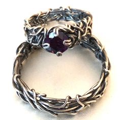 This is a handmade, couples 2-piece ring set, woven in sterling silver and a 6mm round dark amethyst gemstone, made-to-order for each customer.  The patina added gives the ring an antique finish and also highlights the detail. Notice the wire detail across the woven band. Please note that the hue of the purple amethyst will range from the picture shown to a deeper hue.  The ring pictured is for illustration purposes to give you an idea of how your ring will look. However, each ring is custom and handmade having a unique quality.  Since each ring is unique, thickness of the ring band, and patina color may slightly vary. M Frequently Ask Questions  Q). How long does it usually take to process the order? A). Average turnaround for custom orders is 7-8 business days.  However, if you'd like to Hand Wrapped Round Promise Ring, Hand Wrapped Promise Ring, Hand Wrapped Round Jewelry For Anniversary, Silver Hand Wrapped Ring, Rings Spiritual, Spiritual Rings, Christian Wedding Rings, Rings Crown, Religious Rings