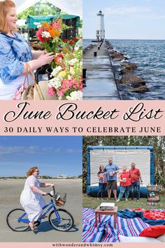 the cover of june bucket list is shown with images of people on bikes and picnics