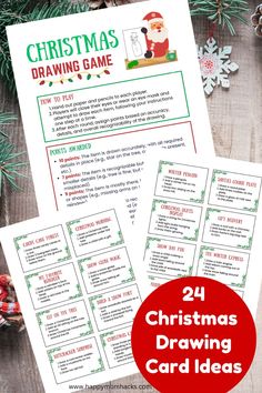 printable christmas drawing game for kids and adults with the text, 24 christmas drawing card ideas