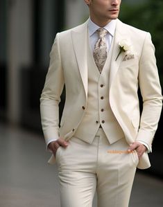 This is a Classic 3 Piece Suit by wedding wear crafted from high quality fabric and imported materials. Our products are handcrafted by experienced tailors who make sure the that the stitching is precise, lining is proper and the overall product is sturdy enough to not go out of shape for more than a few years. Also all our products have extra margins in their length, sleeves, sides so it's easily alterable if your size changes after some time. To see more available colours and designs in this c Cream Groom Tuxedo, Ivory Mens Suit, Cream Suit Men Wedding, Cream Suit Men, Mens Wedding Suits, Cream Suit, Men Party, Ethnic Wedding, Man Suit