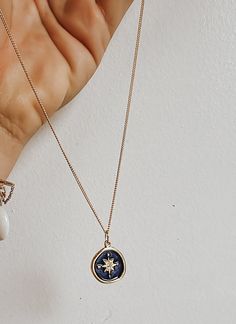 Let this cute blue enamel compass charm guide your light. The chain is 18 inches 14k gold filled components charm is roughly the size of a nickel. Dainty Blue Jewelry With Star Charm, Blue Charm Necklaces With Round Pendant For Everyday, Everyday Blue Charm Necklace With Round Pendant, Blue Star Charm Round Pendant Jewelry, Blue Round Star Charm Jewelry, Blue Round Jewelry With Star Charm, Blue Round Pendant Jewelry With Star Charm, Close Instagram, The Chain