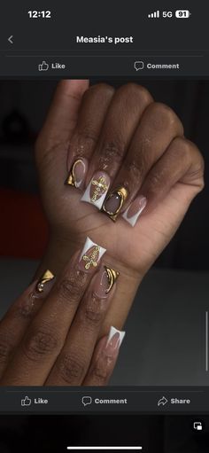 Hbcu Homecoming Nails, Graduation Nails Brown, White And Gold Duck Nails, Gold Prom Nails Short, Brown Junk Nails, Duck Nails Gold, Gold Duck Nails Acrylic, Gold And Silver Nails Acrylic, Duck Nails Green