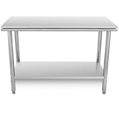 a stainless steel table with two shelves on each side and one shelf below it, against a white background