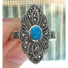 Nwot Sterling Silver Ring, Sizes 7, 8, 9 Only. This Gorgeous Women's Fashion Ring Has An Inlaid Round 3.8 X 3.8 (Mm) Simulated Turquoise In The Center With Marcasite's Stones In The Silver Design Around It And On The Band. It's 23.2 (Mm) Long, Is Stamped 925 And Has A Rhodium Finish For Greater Shine And Durability. Comes From A Smoke Free Home. Sterling Silver Crystal Ring, Womens Rings Fashion, Art Ring, Marcasite Ring, Rings Jewelry Fashion, Rose Quartz Ring, Silver Design, Silver Jewelry Fashion, Fashion Ring