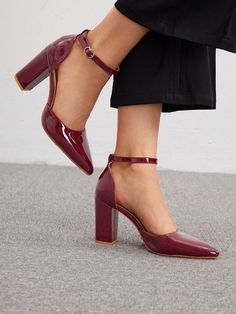 Women's Fashionable Hollow Ankle Strap Wine Red High Heels With Pointed Toe, Suitable For Work And Parties Halloween Christmas Fall BURGUNDY Heels Burgundy Elegant,Fashionable    Plain    Women Shoes, size features are:Bust: ,Length: ,Sleeve Length: Fall Bridesmaid Shoes, Wine Red Heels, Wine Shoes, Burgundy Heels, Business Chic, Red High Heels, Ankle Strap Shoes, Red High, Stiletto Sandals