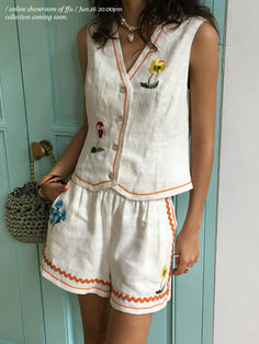 ditsy embroidery button up vest and shorts set matching 2 piece floral tank and shorts set #shorts #shortset #2piece #twopiece #embroidery Cotton V-neck Sets For Day Out, Sleeveless Sets For Spring Vacation, Spring Vacation Sleeveless Sets, Spring Cotton Sets With Short Length, Cotton Short Sets For Spring, Cotton Short Length Sets For Spring, White Sleeveless Sets For Beach Season, Casual V-neck Sets For Spring, Sleeveless Sets For Spring And Summer