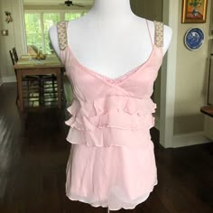 Elie Tahari Pink Silk Tiered And Lined Beaded Strap Cami. Nwt. Straps Are Sequins And Beaded. Spaghetti Straps Underneath. 100% Silk. Side Zip. There Is A Small Hole (Last Pic) In The Top Layer Right To The Zipper Because I Got It Caught While Putting It On The Mannequin. Because The Top Is Wispy, It’s Not That Noticeable. Bust: 16” Length: 25” Size Medium V-Neck Beautiful! Fitted Summer Tops With Beaded Straps, Fitted Tops With Beaded Straps For Summer, Summer Beaded Blouse For Night Out, Fitted Beaded Tops For Spring, Elegant Sleeveless Top With Beaded Straps, Glamorous Summer Tops With Beaded Straps, Elegant Sleeveless Tops With Beaded Straps, Glamorous Embellished Blouse For Summer, Elegant Tops With Beaded Straps For Night Out