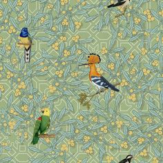 birds are sitting on branches and flowers in this green wallpaper pattern, which is very colorful