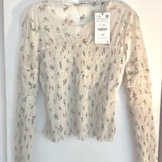 Printed Tulle Top From Zara. Spring Beige Stretch Blouse, Beige Stretch Blouse For Spring, Spring Fitted Sheer Blouse, Stretch Beige Blouse For Spring, Fitted Sheer Blouse For Spring, Spring Sheer Stretch Blouse, Spring Stretch Blouse, Sheer Stretch Blouse For Spring, Spring Stretch Sheer Blouse