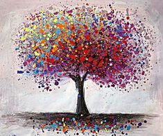 an abstract painting of a tree with multicolored dots on the leaves and branches