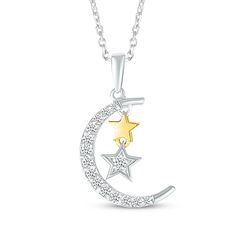 Speak to their mystical side with this charming celestial necklace. Sterling silver White lab-created sapphires shimmer along the crescent moon pendant A 10K yellow gold star and a star accented with a white lab-created sapphire dangle from the tip 18-inch cable chain with lobster clasp Celestial Half Moon Jewelry For Anniversary, Celestial Crescent Jewelry In White Gold, Silver Crescent Fine Jewelry Necklace, Silver Crescent Necklace Fine Jewelry, Silver Crescent Necklace In Fine Jewelry Style, Celestial Crescent White Gold Jewelry, Celestial Style Moon Charm Necklace For Anniversary, Celestial Necklaces For Anniversary, Sterling Silver Moon Charm Necklace