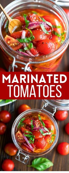 jar of marinated cherry tomatoes with fresh basil and red onion Marinated Cherry Tomatoes Recipe, Marinated Cherry Tomatoes, Green Salads, Leafy Green Salads