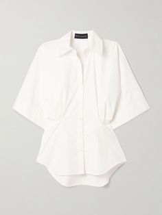 Brandon Maxwell's 'The Elsa' shirt is defined by a pleated, fitted waist that creates a flattering and unique silhouette. Cut from cotton-poplin, it has kimono-inspired sleeves and a slim cutout at the back just above the split hem. Elsa Cutout, Perfect White Shirt, Elsa Shirt, Brandon Maxwell, Cotton Poplin Shirt, Twill Shirt, Unique Shirt, Silhouette Cut, Poplin Shirt