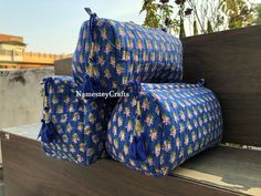 two blue bags sitting on top of a wooden bench next to each other in front of a building