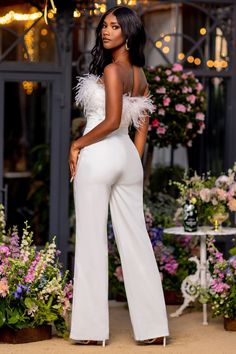 First Class White Bandeau Feather Wide Leg jumpsuit – Club L London - USA Besties Birthday, Satin Formal Gown, Cheers To The Weekend, Fabric Feathers, Bandage Jumpsuits, White Bandeau, High Waisted Wide Leg Pants, Feather Trim, White Jumpsuit