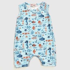 Introducing the Sutton Sea Spray Baby Boy Romper, perfect for keeping your little one looking cool and feeling comfy this summer! With its ocean-inspired print and light, airy fabric, it's the perfect choice for keeping him looking ship-shape all season long. Ahoy, matey! These adorable summer rompers are a perfect boutique style and they have easy access with a snap bottom! Measures 0/6 mo - 14.5 inches long & 9 inches wide 6/12 mo - 16 inches long & 10 inches wide 12/18 mo - 17 inches long & 1 Blue Sleeveless Casual Bubble Romper, Summer Blue Bubble Romper For Playtime, Blue Bubble Romper For Summer Playtime, Blue Summer Bubble Romper For The Beach, Blue Summer Bubble Romper For Beach, Casual Cotton Bubble Romper For Beach, Casual Blue Bubble Romper For Summer, Sleeveless Printed Bubble Romper For Summer, Summer Blue Sleeveless Bubble Romper