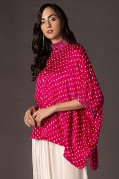 Shop for Twenty Nine Pink Gajji Silk Asymmetric Bandhani Top for Women Online at Aza Fashions Bandhani Top, Bandhani Dress, High Neck Collar, Oversize Shirt, Saree Dress, Kurta Designs, Top For Women, Indian Designer Wear, Indian Design