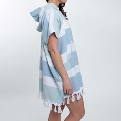 The perfect summer accessory! The Freya Hooded Terry Cloth Poncho features a terry cloth material in a stripe with large kangaroo front pocket, a hood to help keep you warm, and cute fringe detailing. Slip it on over your favorite swim suit and you're ready for the beach! - The unique design of this swimsuit coverup is lightweight, flowy and breathable, making it perfect for a day at the beach!- This beach cover-up is perfect for wearing at the beach, the swimming pool, the water park or out on Casual Hooded Poncho For Summer, Hooded Cotton Poncho For Summer, Hooded Cotton Poncho For Beach, Cute Fringe, Bathing Suit Covers, Bathing Suit Cover Up, Cloth Material, Beach Covers, Summer Accessories