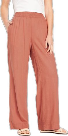 Relaxed Straight Leg Bottoms With Pull-on Style, Relaxed Straight Leg Pull-on Bottoms, Relaxed Pull-on Straight Leg Bottoms, Relaxed High Waist Spring Pants, Relaxed High Waist Pants For Spring, Relaxed Straight Leg Bottoms With Elastic Waistband, Relaxed Bottoms With Side Pockets For Spring, Casual High Waist Wide Leg Rayon Pants, Comfortable Relaxed Fit Bottoms For Day Out