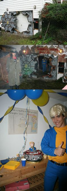 two pictures of people dressed up in costumes, one is holding a cake and the other has balloons