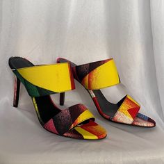 These Brand New Versace Heels Are Cute, Fun, And Vibrant. They Are Perfect For The Summer Months! - 3.5 Inch Heel - Open Toe With Two Wide Straps - Colorful Printed Design - Gold Medusa Logo On Bottom - Made In Italy Designer Multicolor Sandals For Party, Designer Yellow Open Heel Heels, Designer Multicolor Round Toe Heels, Designer Multicolor Heels With Round Toe, Multicolor Heels With Red Sole For Spring, Multicolor Heels With Red Sole For Evening, Bold Multicolor Open Heel Heels, Multicolor Heels With Red Sole And Round Toe, Designer Yellow Heels With Branded Insole