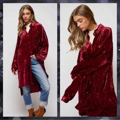 Shop This Beautiful And Rich Wine Colored Crushed Velvet Shirt Dress. Perfect For The Holidays! Color: Wine Features: -Velvet Fabric -Button Front -Loose Fit -Long Sleeves Fabric: 100% Polyester Model Is Wearing Small -Height: 5’8” -Bust: 32b -Waist: 23” -Hips: 34” Boutique Bundle & Save! Shop The Collection At Www.Poppycollection.Com Velvet Clothing, Striped Boyfriend Shirt, Velvet Shirt Dress, Curved Hem Shirt, Neon Stripes, Long Sleeve Denim Shirt, Velvet Clothes, Velvet Shirt, Velvet Lace