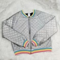 Brand New With Tags. Arizona Brand Lightweight Jacket. Shimmery Silver With Banded Rainbow Trim. Girls Size 16 100% Polyester Questions?? Please Feel Free To Send A Message. Thanks For Checking Out Our Listing. From A Smoke Free/Pet Free Home Trendy Silver Long Sleeve Outerwear, Arizona Jeans, Girls Jacket, Lightweight Jacket, Kids Jacket, Size 16, Black Silver, Arizona, Jackets & Coats