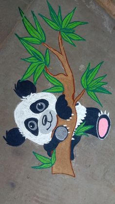 a drawing of a panda bear on the ground next to a tree with green leaves