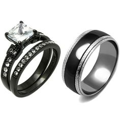 two wedding rings with black and white diamonds on each ring, one has a princess cut diamond