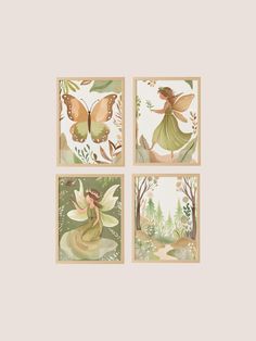 four framed pictures with fairy artwork on the wall