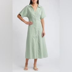 New W Tags! Madewell Midi Shirt Dress Size 6 Color: Pistachio (Light Green) Details & Care Coming In An Airy Linen Woven With Lenzing Ecovero Viscose, This Shirtdress Has A Point Collar And Oversized Short Sleeves. Designed With A Body-Skimming Fit, This Midi Has Buttons Along The Front For Easy On-And-Off. 50 1/2" Length (Size 8) Front Button Closure Point Collar Short Sleeves Unlined 55% Linen, 45% Lenzing Ecovero Viscose Lenzing Ecovero Viscose Is A Sustainably Produced Fiber Using Pulp Made Green V-neck Shirt Dress Casual, Summer Short Sleeve Shirt Dress For Brunch, Casual Light Green Short Sleeve Dresses, Casual Light Green Midi Dress, Green Relaxed Fit V-neck Midi Dress, Green V-neck Relaxed Fit Midi Dress, Green Midi Shirt Dress For The Beach, Green Midi Shirt Dress For Beach, Green V-neck Midi Dress With Relaxed Fit