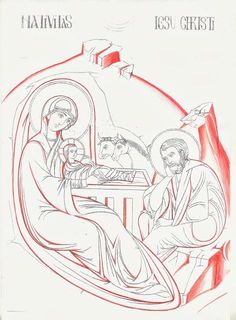 an image of the nativity of jesus and mary in red ink on white paper