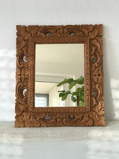 Vintage Rectangular Floral Ornamented Wood Carved Mirror, Handcrafted Wooden Oriental Style Mirror Frame, Unique Design, Wedding Gift, Birthday Gift, Gift for her, Interior Decore, Oriental Style  We offer to you this mirror not just for entryway or bathroom but itself an unique piece of Art and This item coming to you as we received on our Gallery without any touch.  Dimensions:-  Overall Size :height/wide/ depth = (38 x 33 x 2 ) cm =( 15 x 13 x 0.8 ) inches.  the mirror = 23 cm x 18 cm = ( 9 x Modern Mirror And Carved Wood Art, Modern Bohemian Picture Frames, Wooden Carving Mirror Frames, Wooden Frame Mirror, Carved Mirror, Wooden Mirror Frame, Castles Interior, Frame Wedding, Wooden Mirror