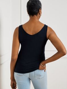 Versatile and silky soft. Double your styling options with our reversible tank. In a relaxed silhouette with a scoop neck on one side and a V-neck on the other. Features Sleeveless Hits At Hip Scoop Neck Straight hem Imported Fit: Misses: 25"; Petite: 24"; Plus: 27 1/2"; Plus Petite: 26" Material: 95% Cotton, 5% Spandex Care: Machine Wash Cold; Only Non-Chlorine Bleach When Needed; Turn Garment Inside Out; Tumble Dry Low; Warm Iron, If Needed | 180° Two-Way Sleeveless Tank Top Talbots Casual Tops With Built-in Bra And Wide Straps, Casual Tank Top With Built-in Bra And Scoop Neck, Casual Modal Tank Top With Built-in Bra, Everyday Modal Tank Top With Scoop Neck, Casual Modal Camisole Tank Top, Stretch Modal Tank Top With Scoop Neck, Seamless Sleeveless Tank Top For Everyday, Everyday Seamless Sleeveless Tank Top, Versatile Solid Color Scoop Neck Camisole