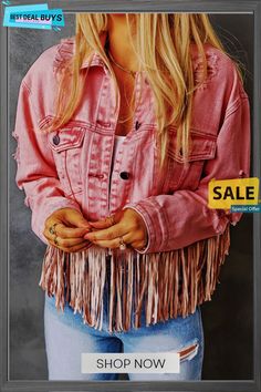 Malibu Pink Distressed Fringed Cropped Denim Jacket Spring Bohemian Denim Jacket With Frayed Hem, Spring Denim Jacket With Fringe In Cotton, Spring Cotton Denim Jacket With Fringe, Summer Distressed Long Sleeve Denim Jacket, Trendy Fringed Cotton Denim Jacket, Distressed Denim Jacket For Fall, Trendy Cotton Denim Jacket With Fringe, Trendy Fringe Denim Jacket For Spring, Trendy Fringed Denim Jacket For Spring