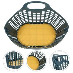 an image of a shopping basket with yellow seat cushions on it and four different views