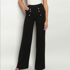 High Waisted Black Pants With Gold Button Details, And Are Wide Leg And Have Good Stretch. Fabric Content: 95% Polyester 5% Spandex Back Zipper Description: L: 46" W: 24" I.S.: 36" High Waist Button Pants, Black Pants Work, High Waisted Black Pants, Black High Waisted Pants, Work Uniform, Button Pants, High Waisted Wide Leg Pants, Zipper Pants, Black Slacks