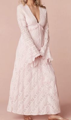 V-neck Lace Maxi Dress With Ruffles, Feminine Lace Floor-length Maxi Dress, Floor-length Lace Dress For Daywear, Feminine Floor-length Dress With Lace Trim, Pink V-neck Maxi Dress With Lace Trim, Lace V-neck Maxi Dress For Daywear, Ruffled Lace V-neck Maxi Dress, V-neck Ruffled Lace Maxi Dress, Feminine Lace Maxi Dress For Daywear