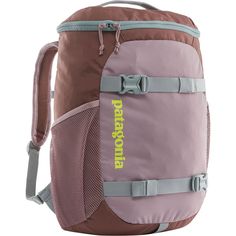 the patagonia backpack in pink and brown is shown with straps on each side