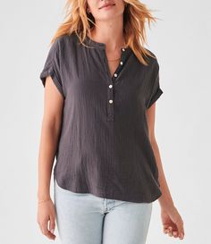 From Faherty&#x2C; this top features:Split round necklineShort sleevesFront button partial closureOrganic cottonMachine wash/tumble dryImported. Family Brand, Dillard's, Cotton Tops, Sleeve Cotton, Womens Clothing Tops, Round Neckline, Round Neck, Split, Latest Trends