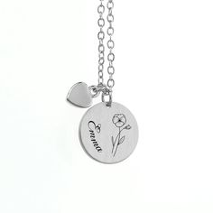 Treat her to a stylish and meaningful gift with our beautiful Personalised Birth Flower Brushed Heart and Disc Necklace. With its unique design, this necklace is perfect for any occasion. Whether you gift it to your mum this Mother’s Day, your girlfriend on Valentine’s or treat a loved one on their birthday, this outstanding piece of women’s jewellery will make the perfect gift for her. Personalise with your loved one’s name and their birth flower - both will be meticulously engraved onto the pendant by our personalisation exports - creating a truly one-of-a-kind gift that will hold real sentimental value to her. Alongside this will be a cute little heart pendant, representing your love - she’ll forever hold it close to her heart. Your necklace will come beautifully nestled inside in a sle Mother's Day Flower Charm Round Pendant Necklace, Mother's Day Stainless Steel Necklace For Mom, Mother's Day Gift Stainless Steel Necklace, Valentine's Day Engraved Flower Pendant Necklaces, Valentine's Day Stainless Steel Necklace Gift For Mom, Valentine's Day Gift For Mom: Stainless Steel Necklaces, Stainless Steel Necklaces For Mom On Valentine's Day, Valentine's Day Gift For Mom: Stainless Steel Necklace, Gift Charm Necklaces With Heart And Flower Pendant