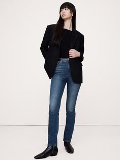 This classic jean is made from a mix of new and recycled cotton and woven into a 4-way stretch denim that's specially washed for exceptional softness Slim Fit: High rise (10. 75").  Skinny from hip to knee, slim leg.  Ankle length.  Sustainability: Made in a soft stretch denim that uses a blend of new and recycled cotton, and recycled polyester.  Zip fly with button closure.  Belt loops.  Five-pocket styling.  Slim Fit: High rise (10. 75").  Skinny from hip to knee, slim leg.  Ankle length.  Ankle length.  Inseams: Petite/Short 26", Regular 28", Long/Tall 31" Model: Size 25, 5'10" (178cm). Elegant Denim Jeans For Fall, Elegant Jeans For Fall, Dark Wash Flare Jeans With Straight Hem For Fall, Dark Wash Straight Hem Jeans For Fall, Dark Wash Jeans With Straight Hem For Fall, Stretch Denim Jeans For Business Casual, Elegant Straight Leg Jeans For Everyday, Denim Blue Straight Fit Flare Jeans For Fall, Fall Flare Jeans With Straight Hem In Dark Wash