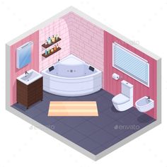 a bathroom with pink walls and tile flooring - miscellaneous objects / objects 3d renders