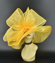 "✿*.Key Features: 100% high quality Sinamay woven material, wide brim with Jumbo bows. It's more beautiful in person! Light and comfortable! Great for Kentucky derby, weddings, Royal Ascot, horse races, cocktails, tea party, or any hat wearing occasion. Hat base size: From front to back appr: 20.5\" (52cm) From left to right appr: 21.25\" (54cm) Wide brim Appr: 7~8\" Head girth: 22.5\" (57cm) , adjustable string inside to make smaller to fit your head. If you want other colors in this style, jus Gold Wide Brim Straw Hat, Chic Gold Straw Hat With Short Brim, Chic Gold Wide Brim Straw Hat, Gold Brimmed Straw Hat For Kentucky Derby, Gold Brimmed Sun Hat For Kentucky Derby, Gold Wide Brim Straw Hat For Kentucky Derby, Gold Wide-brim Straw Hat For Kentucky Derby, Gold Structured Crown Hat For Summer, Elegant Yellow Straw Hat For The Beach